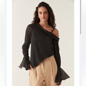 Aje Black One-Shoulder Draped Blouse with Bell Sleeves